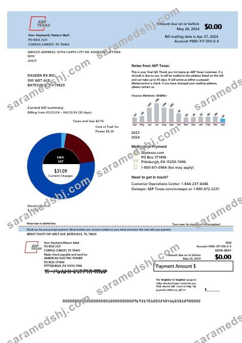 USA AEP Texas electricity business utility bill template in Word and PDF formats